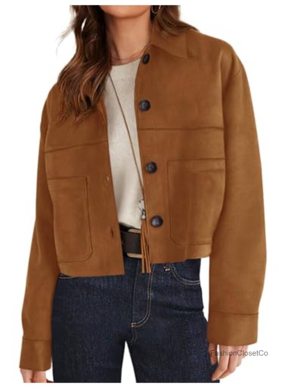 Faux Suede Cropped Jacket Button Down Long Sleeve Casual Coat with Pockets